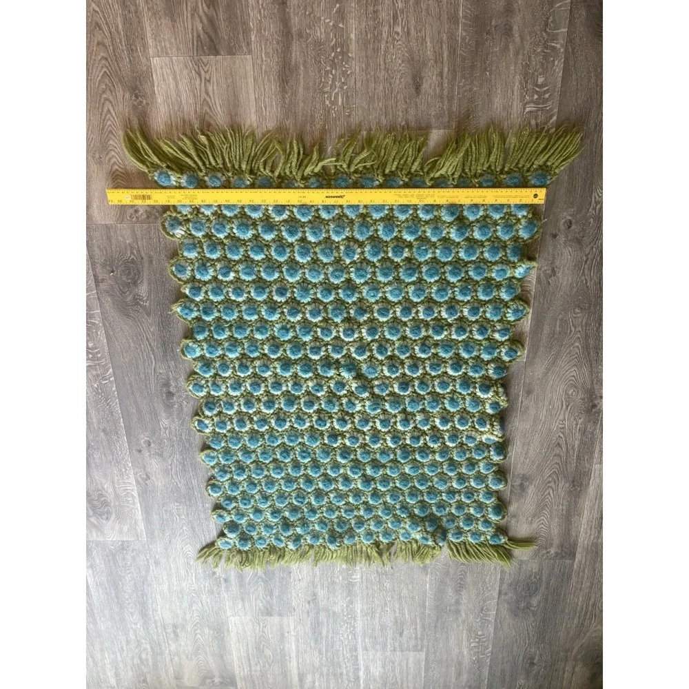 Vintage Handmade Pom Pom Rug Green Blue Boho Crochet Bobble Yarn Fringe
